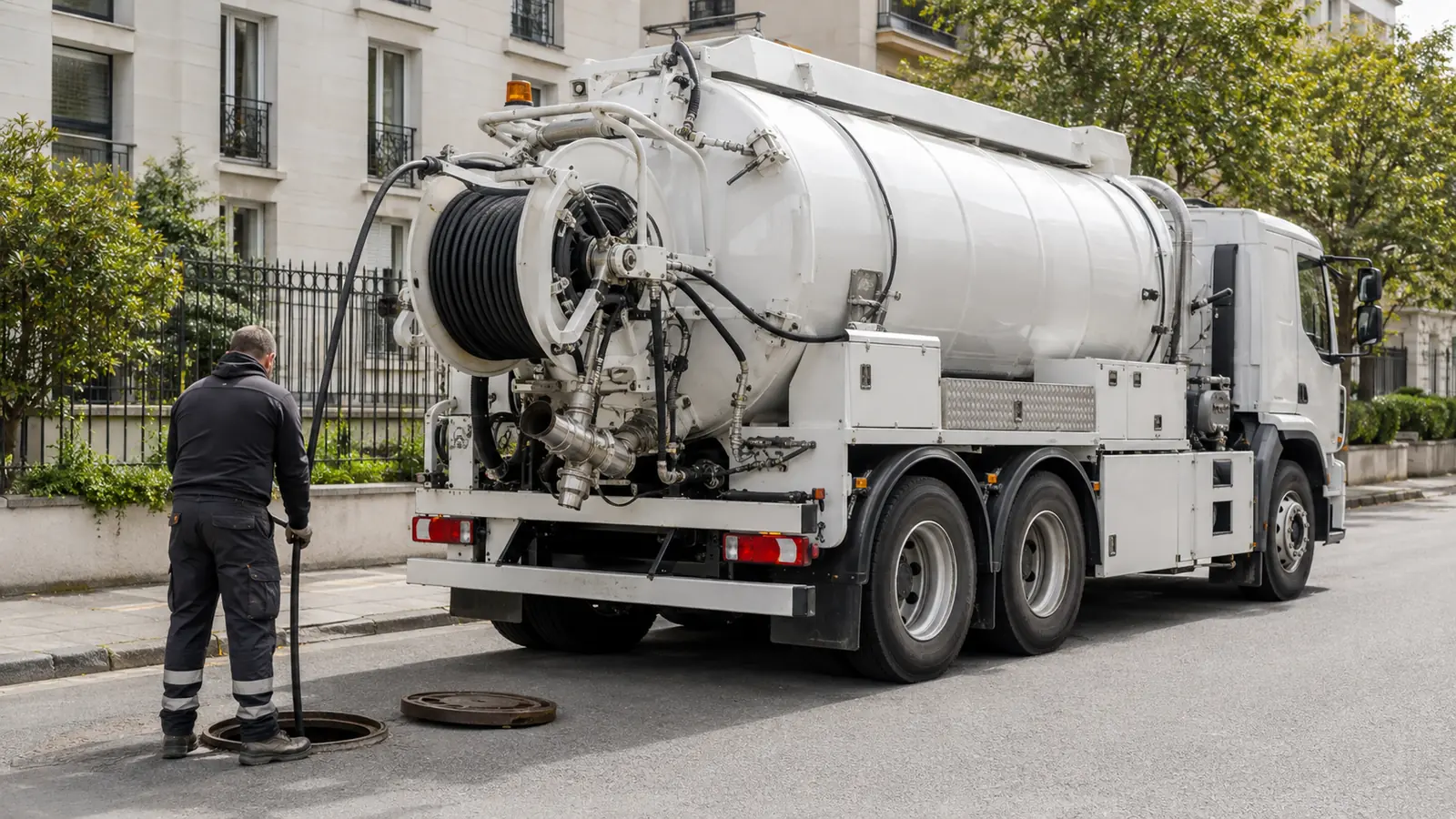 Camion hydrocureur pour une intervention de débouchage